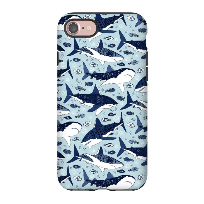 iPhone 7 StrongFit Tribal Sharks & Fish On Baby Blue  by Tigatiga