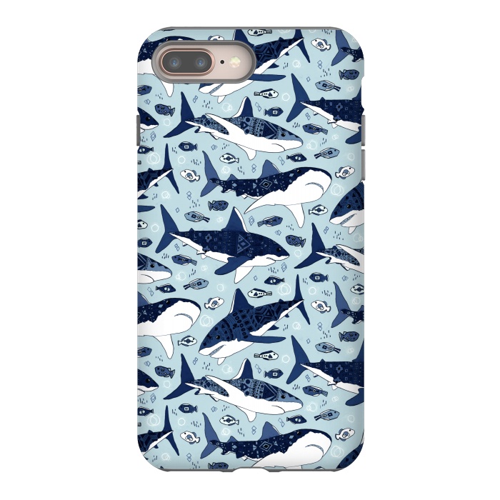 iPhone 7 plus StrongFit Tribal Sharks & Fish On Baby Blue  by Tigatiga