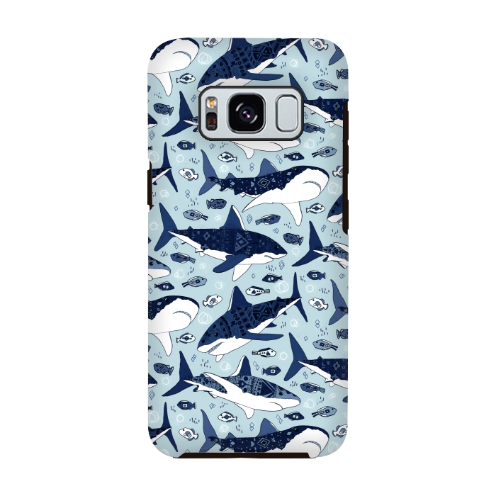 Galaxy S8 StrongFit Tribal Sharks & Fish On Baby Blue  by Tigatiga