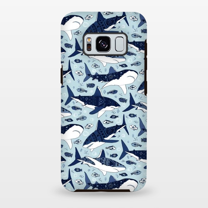 Galaxy S8 plus StrongFit Tribal Sharks & Fish On Baby Blue  by Tigatiga