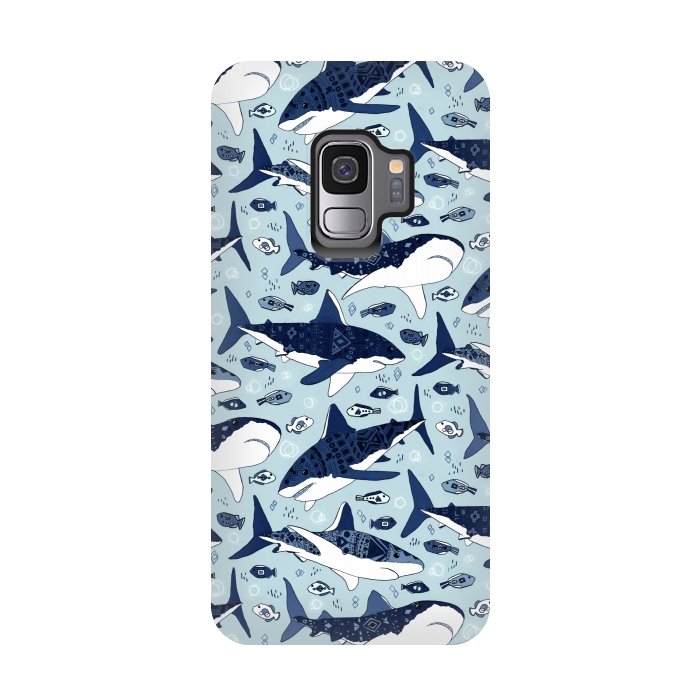 Galaxy S9 StrongFit Tribal Sharks & Fish On Baby Blue  by Tigatiga