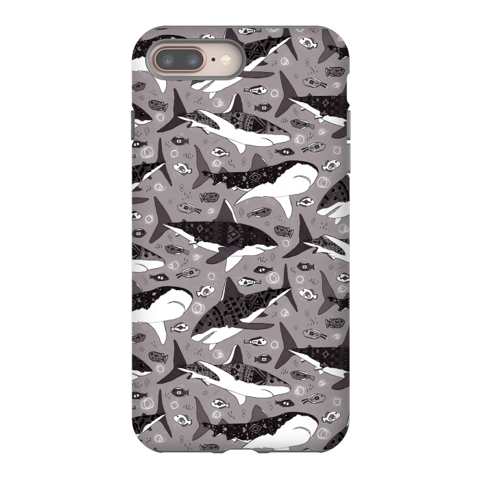 iPhone 7 plus StrongFit Tribal Sharks & Fish On Grey  by Tigatiga