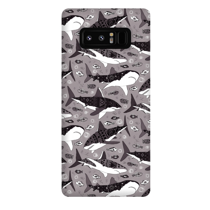 Galaxy Note 8 StrongFit Tribal Sharks & Fish On Grey  by Tigatiga