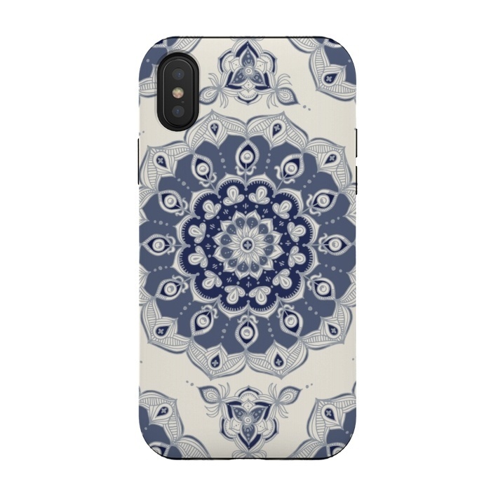iPhone Xs / X StrongFit Grey Blue Monochrome Floral Mandala by Micklyn Le Feuvre