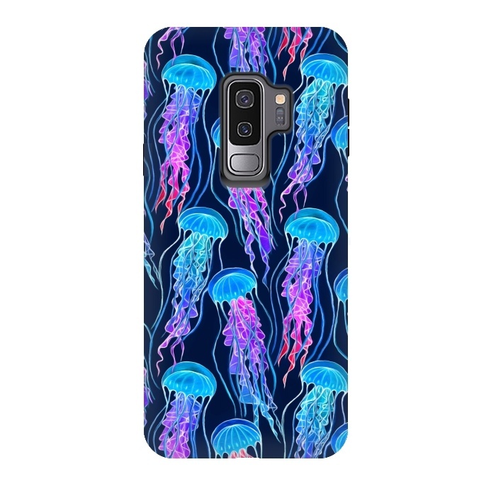 Galaxy S9 plus StrongFit Luminescent Rainbow Jellyfish on Navy Blue by Micklyn Le Feuvre