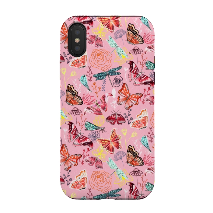 iPhone Xs / X StrongFit Butterflies, Dragonflies and Moths on Pink  by Tigatiga