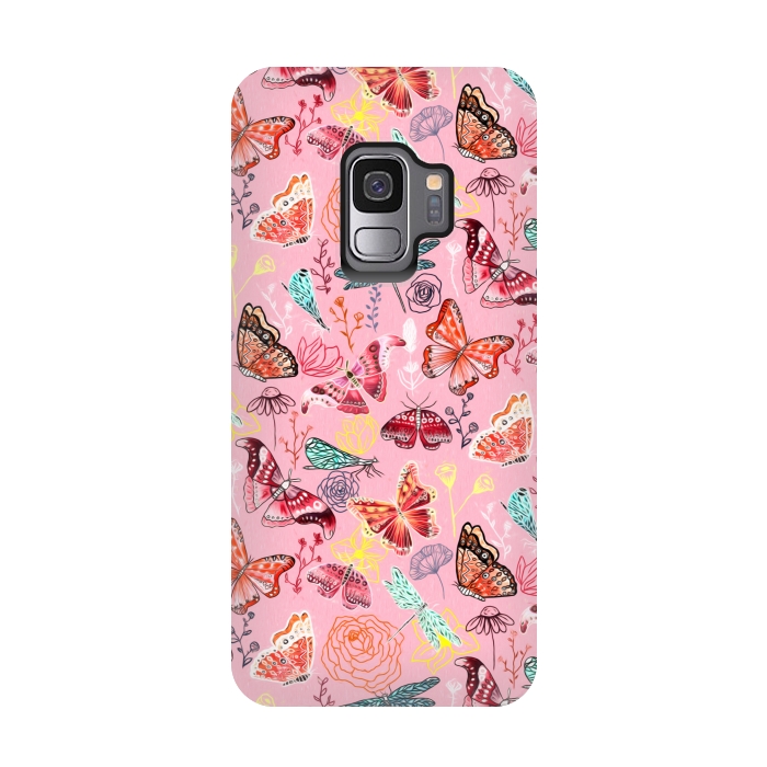 Galaxy S9 StrongFit Butterflies, Dragonflies and Moths on Pink  by Tigatiga