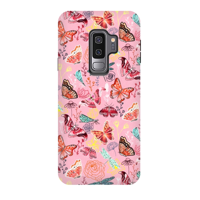 Galaxy S9 plus StrongFit Butterflies, Dragonflies and Moths on Pink  by Tigatiga