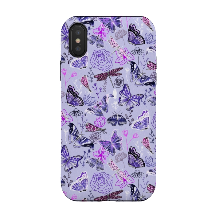 iPhone Xs / X StrongFit Butterflies, Dragonflies and Moths on Purple by Tigatiga