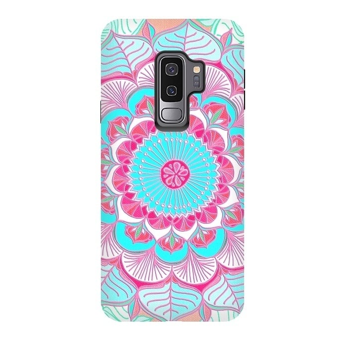 Galaxy S9 plus StrongFit Tropical Doodle Flower in Pink & Aqua by Micklyn Le Feuvre