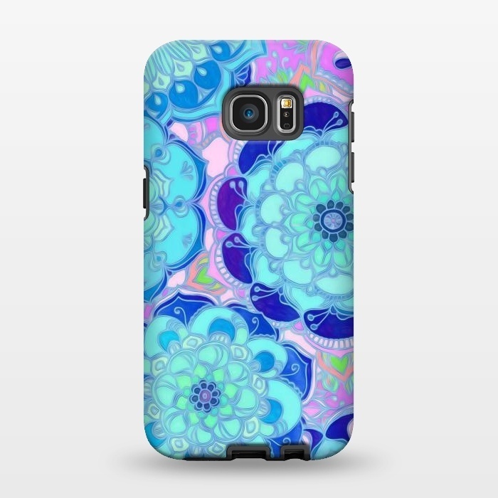 Galaxy S7 EDGE StrongFit Radiant Cyan & Purple Stained Glass Floral Mandalas by Micklyn Le Feuvre