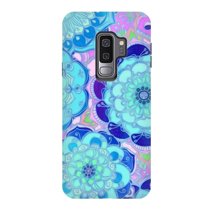 Galaxy S9 plus StrongFit Radiant Cyan & Purple Stained Glass Floral Mandalas by Micklyn Le Feuvre