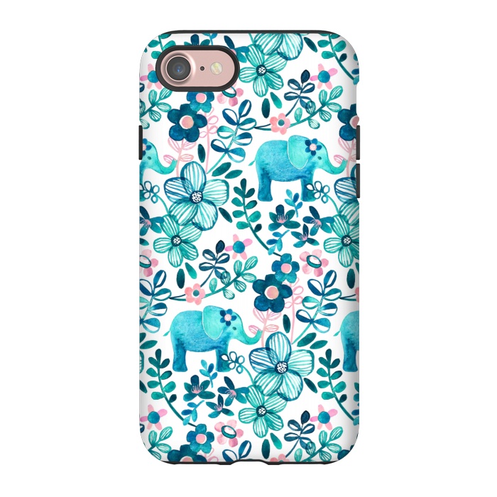 iPhone 7 StrongFit Little Teal Elephant Watercolor Floral on White by Micklyn Le Feuvre