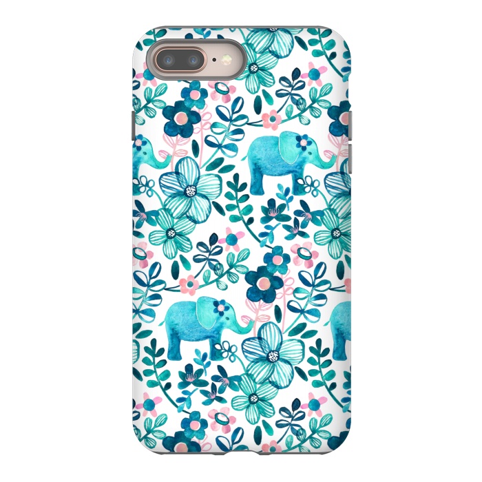 iPhone 7 plus StrongFit Little Teal Elephant Watercolor Floral on White by Micklyn Le Feuvre
