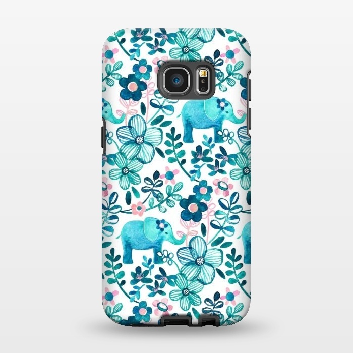 Galaxy S7 EDGE StrongFit Little Teal Elephant Watercolor Floral on White by Micklyn Le Feuvre