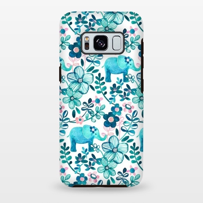 Galaxy S8 plus StrongFit Little Teal Elephant Watercolor Floral on White by Micklyn Le Feuvre