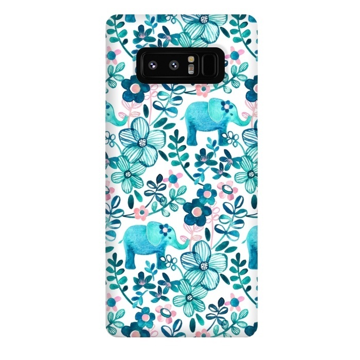 Galaxy Note 8 StrongFit Little Teal Elephant Watercolor Floral on White by Micklyn Le Feuvre