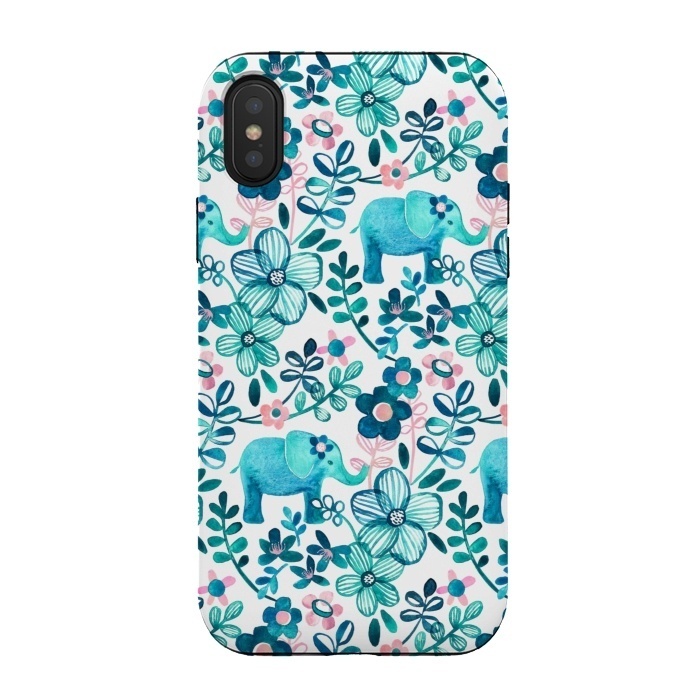 iPhone Xs / X StrongFit Little Teal Elephant Watercolor Floral on White by Micklyn Le Feuvre