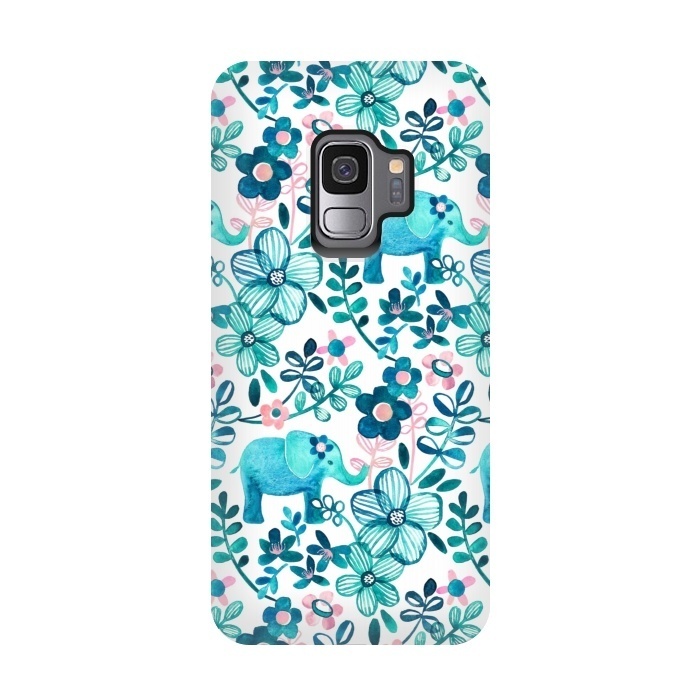 Galaxy S9 StrongFit Little Teal Elephant Watercolor Floral on White by Micklyn Le Feuvre
