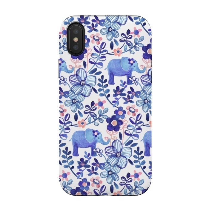 iPhone Xs / X StrongFit Little Purple Elephant Watercolor Floral on White by Micklyn Le Feuvre