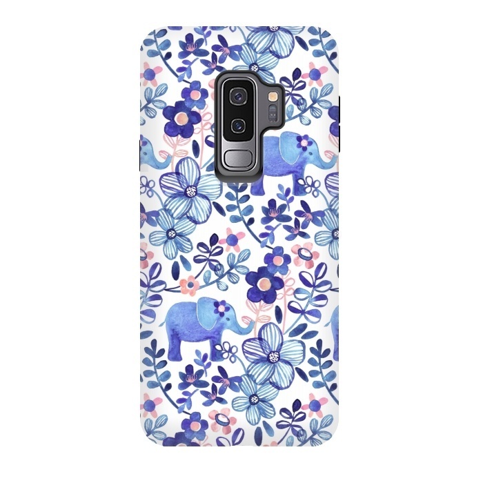 Galaxy S9 plus StrongFit Little Purple Elephant Watercolor Floral on White by Micklyn Le Feuvre