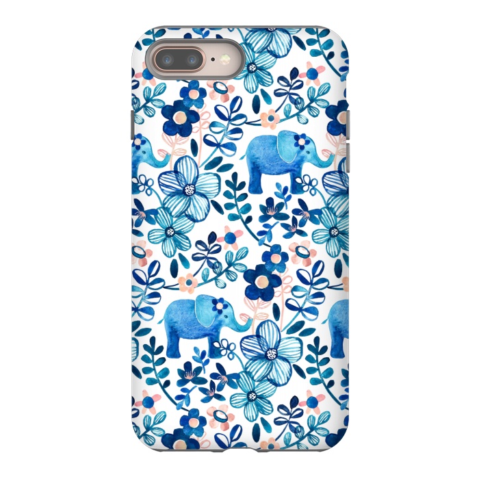 iPhone 7 plus StrongFit Little Blue Elephant Watercolor Floral on White by Micklyn Le Feuvre