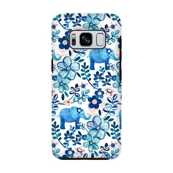 Galaxy S8 StrongFit Little Blue Elephant Watercolor Floral on White by Micklyn Le Feuvre