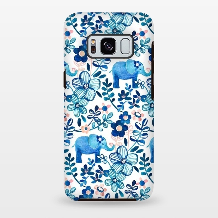 Galaxy S8 plus StrongFit Little Blue Elephant Watercolor Floral on White by Micklyn Le Feuvre