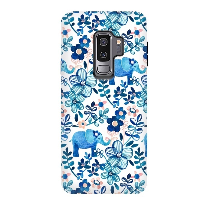 Galaxy S9 plus StrongFit Little Blue Elephant Watercolor Floral on White by Micklyn Le Feuvre