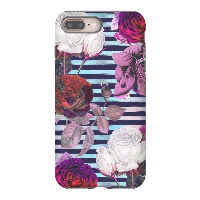 iPhone 7 plus StrongFit Roses on blue watercolor stripes botanical illustration by Oana 