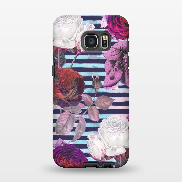 Galaxy S7 EDGE StrongFit Roses on blue watercolor stripes botanical illustration by Oana 