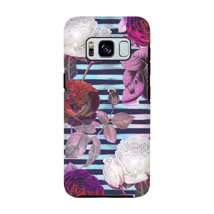 Galaxy S8 StrongFit Roses on blue watercolor stripes botanical illustration by Oana 