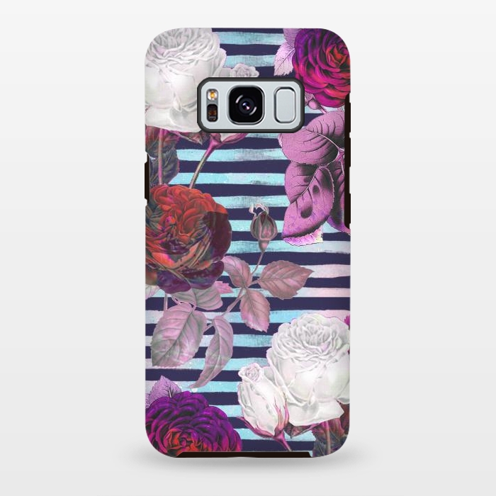 Galaxy S8 plus StrongFit Roses on blue watercolor stripes botanical illustration by Oana 