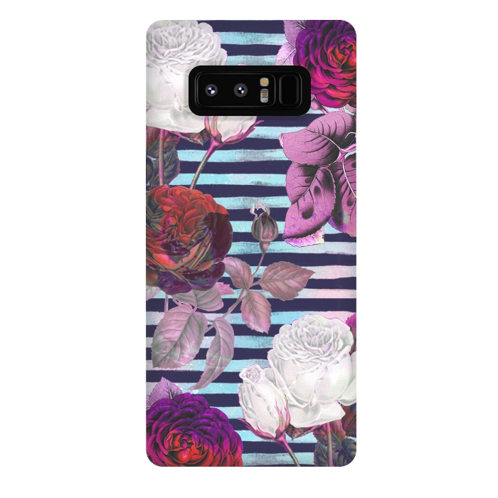 Galaxy Note 8 StrongFit Roses on blue watercolor stripes botanical illustration by Oana 