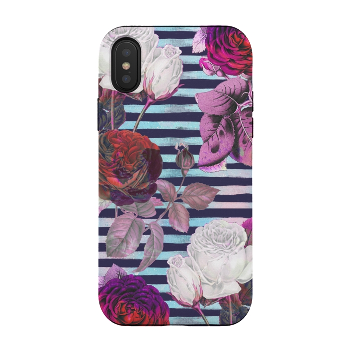 iPhone Xs / X StrongFit Roses on blue watercolor stripes botanical illustration by Oana 