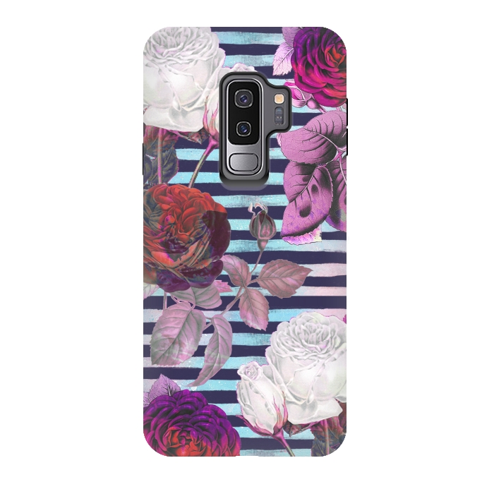 Galaxy S9 plus StrongFit Roses on blue watercolor stripes botanical illustration by Oana 