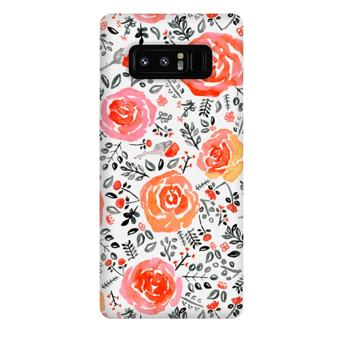 Galaxy Note 8 StrongFit Orange, Red & Grey Watercolor Roses  by Tigatiga
