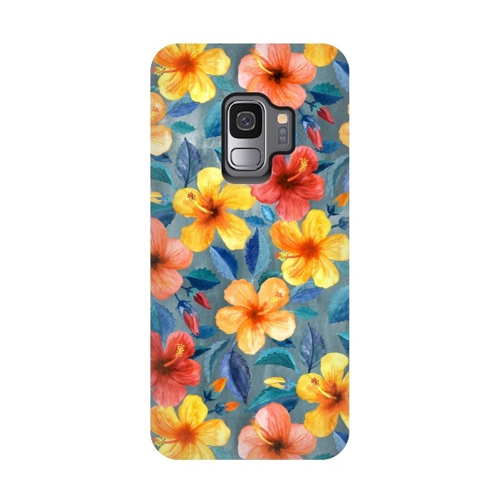 Galaxy S9 StrongFit Bright Little Summer Hibiscus Blooms in Watercolor by Micklyn Le Feuvre