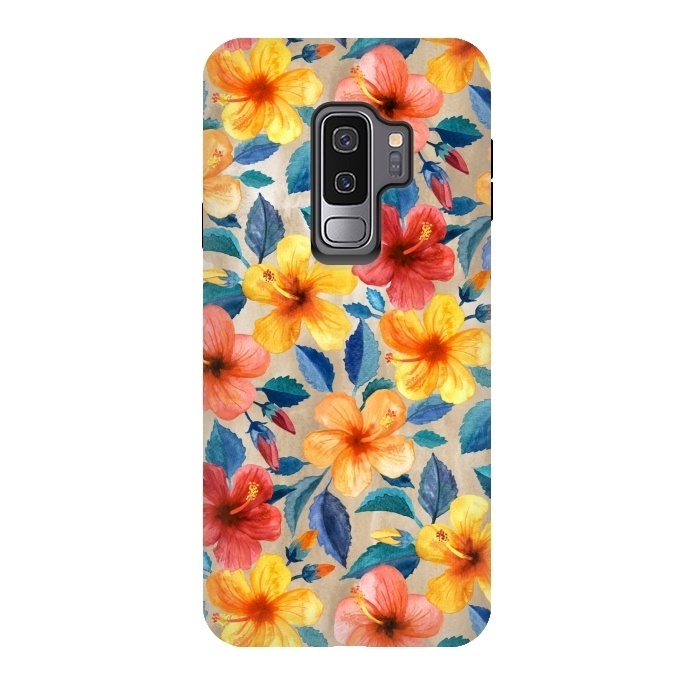 Galaxy S9 plus StrongFit Little Tropical Hibiscus Blooms in Watercolor by Micklyn Le Feuvre