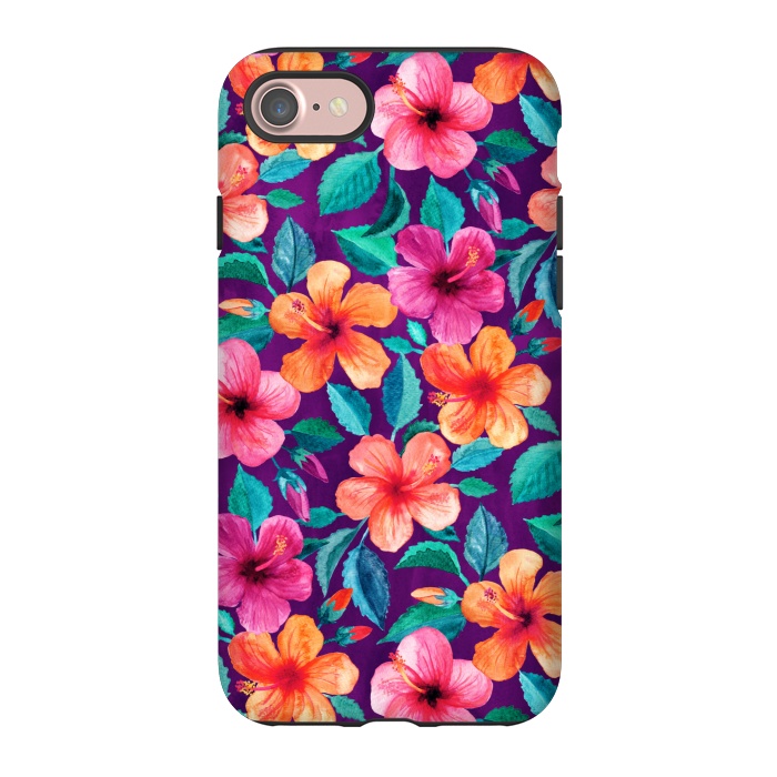 iPhone 7 StrongFit Little Bright Hibiscus Blooms in Watercolor on Purple by Micklyn Le Feuvre