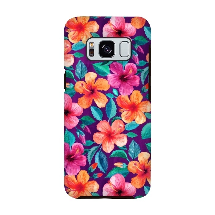 Galaxy S8 StrongFit Little Bright Hibiscus Blooms in Watercolor on Purple by Micklyn Le Feuvre