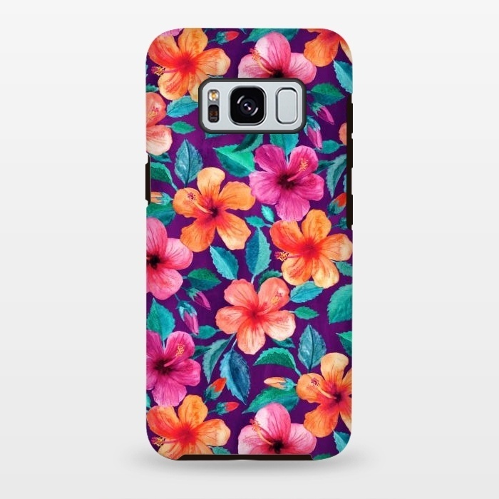 Galaxy S8 plus StrongFit Little Bright Hibiscus Blooms in Watercolor on Purple by Micklyn Le Feuvre