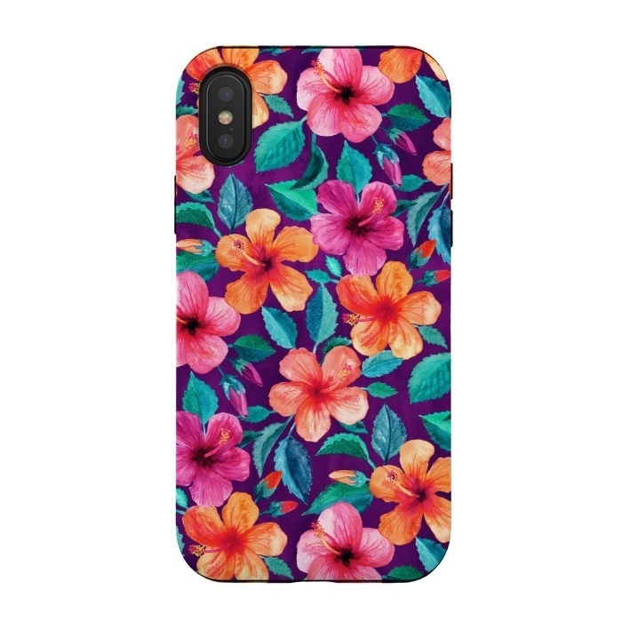 iPhone Xs / X StrongFit Little Bright Hibiscus Blooms in Watercolor on Purple by Micklyn Le Feuvre