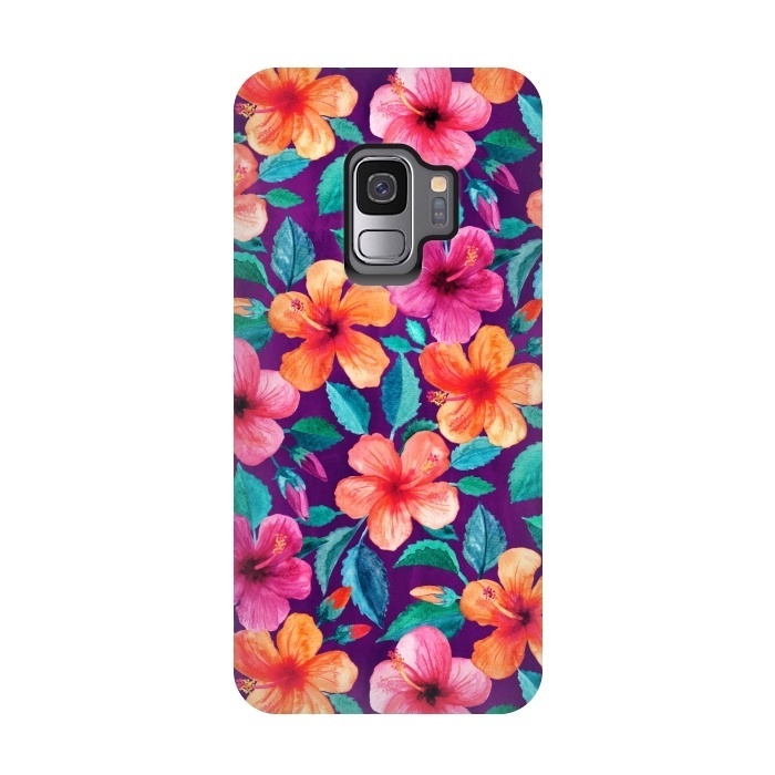 Galaxy S9 StrongFit Little Bright Hibiscus Blooms in Watercolor on Purple by Micklyn Le Feuvre