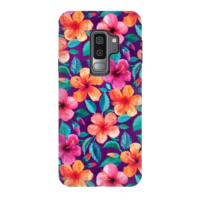 Galaxy S9 plus StrongFit Little Bright Hibiscus Blooms in Watercolor on Purple by Micklyn Le Feuvre