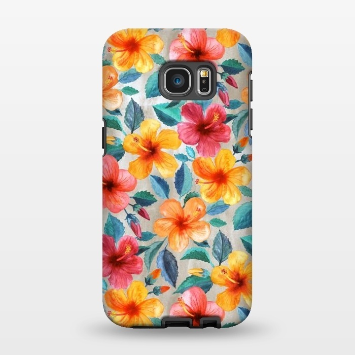 Galaxy S7 EDGE StrongFit Little Tropical Hawaiian Hibiscus Blooms in Watercolor by Micklyn Le Feuvre
