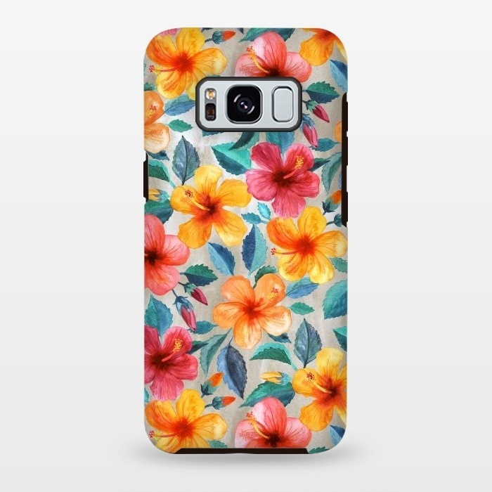 Galaxy S8 plus StrongFit Little Tropical Hawaiian Hibiscus Blooms in Watercolor by Micklyn Le Feuvre