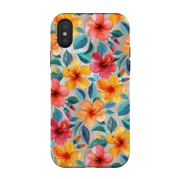 iPhone Xs / X StrongFit Little Tropical Hawaiian Hibiscus Blooms in Watercolor by Micklyn Le Feuvre