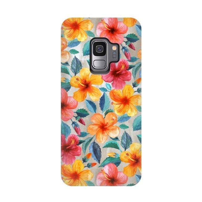 Galaxy S9 StrongFit Little Tropical Hawaiian Hibiscus Blooms in Watercolor by Micklyn Le Feuvre