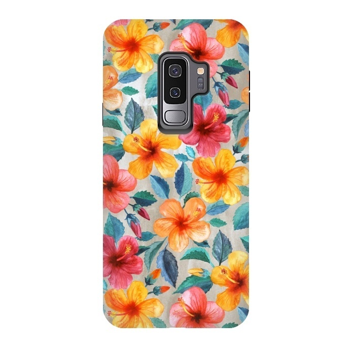 Galaxy S9 plus StrongFit Little Tropical Hawaiian Hibiscus Blooms in Watercolor by Micklyn Le Feuvre